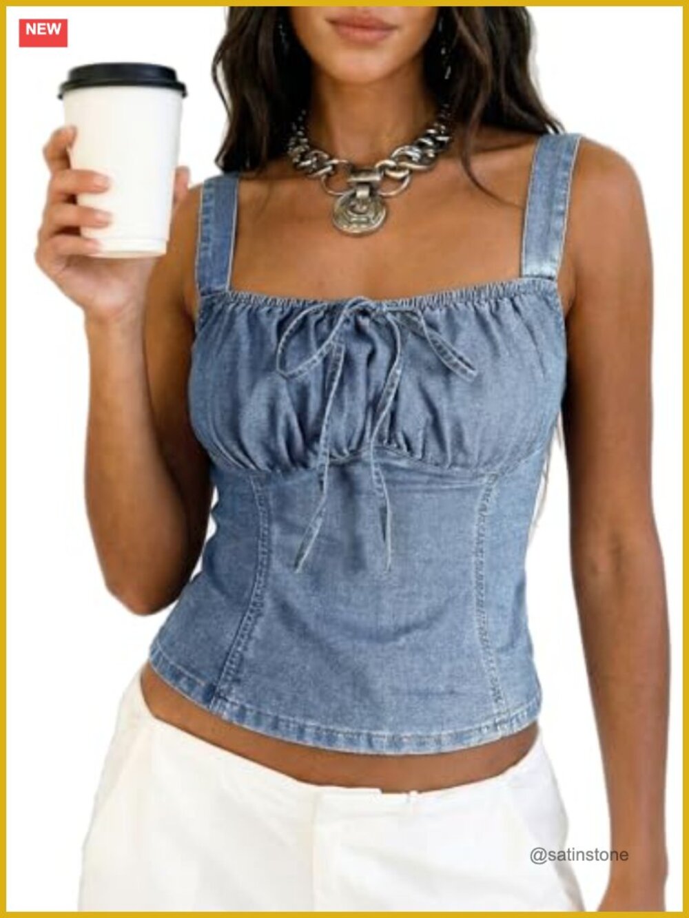Women Denim Corset Top Smocked Back Square Neck Sleeveless Crop Vest